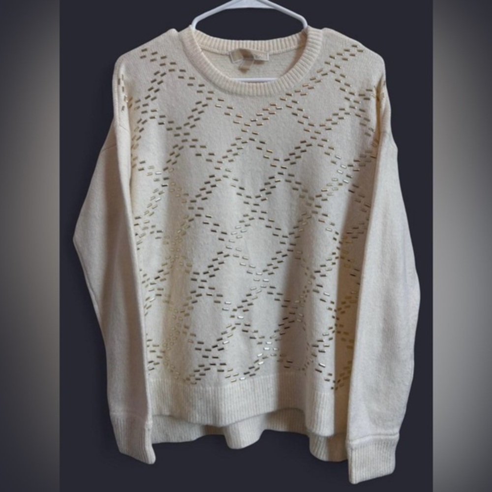 Michael Kors Embellished Ivory Cream Diamond Pattern Sweater Medium‎ Designer